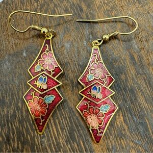 Vintage champleve enamel flower and butterfly Asian geometric dangle earrings